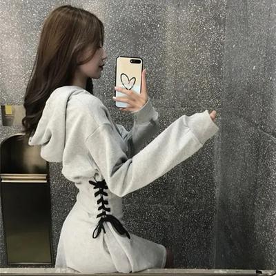 Tänavarõivad Minikleit Naistele Harajuku Kapuutsiga Side A Line Kleidid Kevad-Sügis Korea kõrge vöökohaga pits Õhukesed Vestidos