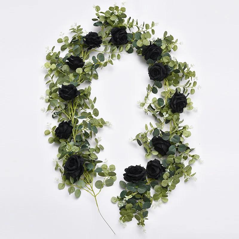 Imitation Eucalyptus Leaves Rattan Silk Roses Fake Flowers Vines Garden Balcony Living Room Decoration Artificial Rose Vine