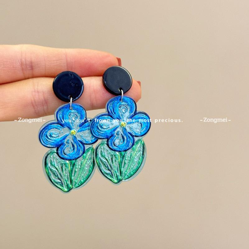 High-End Blue Floral Acrylic Earrings - Simple, Versatile, Fresh Forest Style иглы 925 пробы