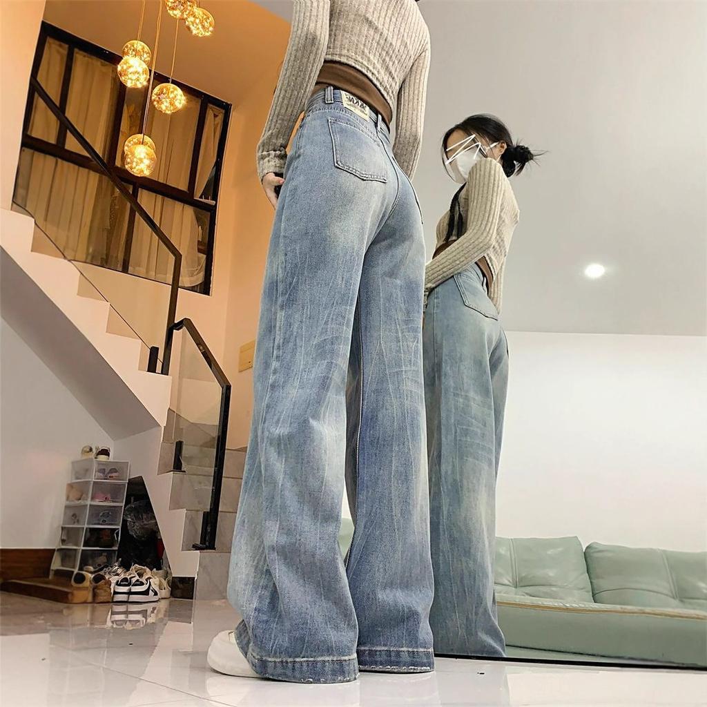 Straight Jeans Female Fall High-waist Loose Retro Skinny Matchy-matchy Wide-legged Dragged Pants Retro Street Style Baggy Long Jeans for Ladies