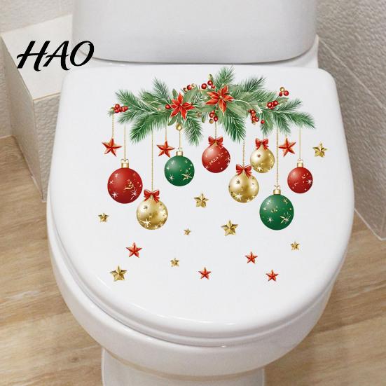 Festive Toilet Decoration Christmas Ball Sticker, Removable Bathroom Wall Decal, Waterproof PVC Decals Lid Decal for Holiday Party