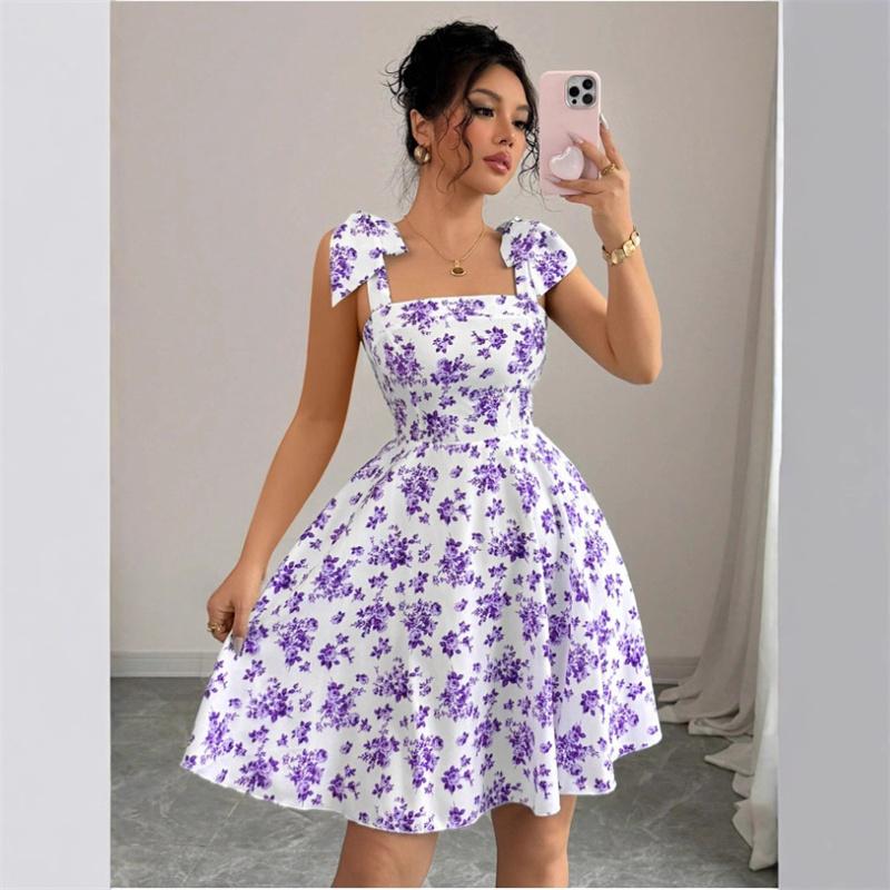 Strap Top Floral Dress Women A-line Sleeveless Lace Up Pleated Hem Spring Summer S-XL