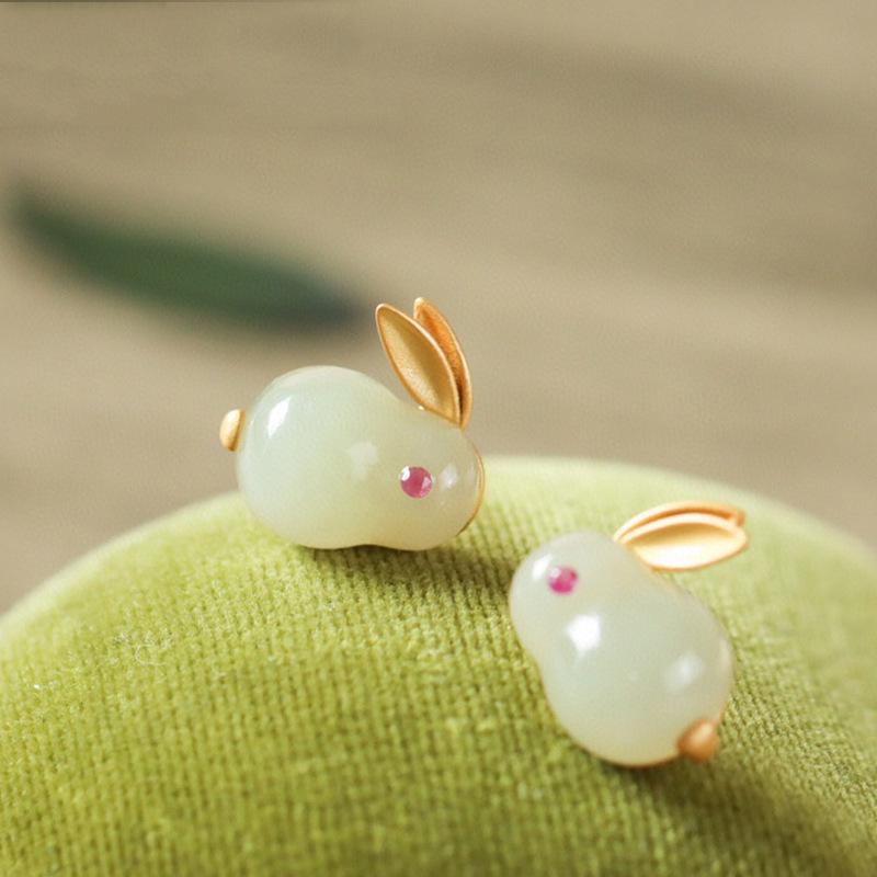 Jade Rabbit Set Imitation Natural Hetian Jade Ring, Ancient Gold Inlaid Chalcedony Rabbit Necklace Cute Rabbit Stud Earrings Pendant