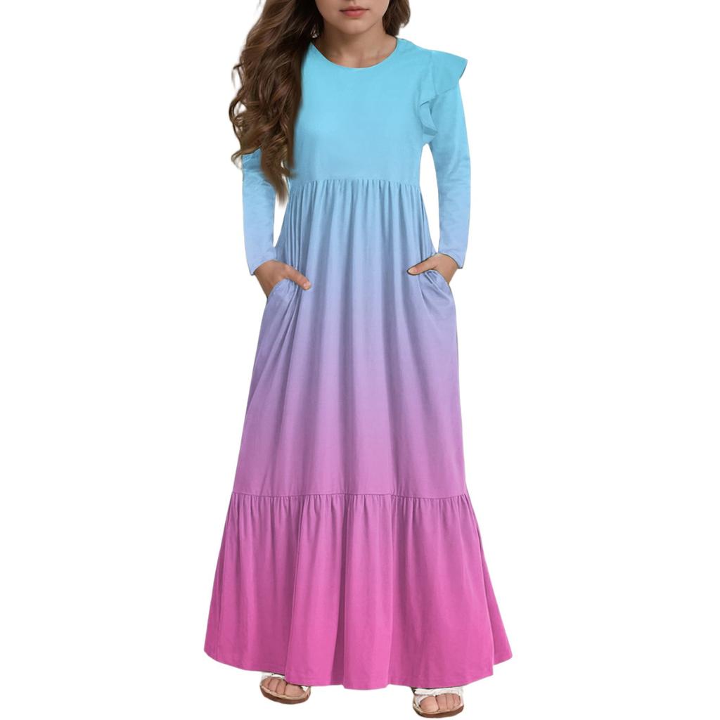 Mädchen Stufenkleid mit Rüschen - Langärmeliges bedrucktes Maxi mit Taschen