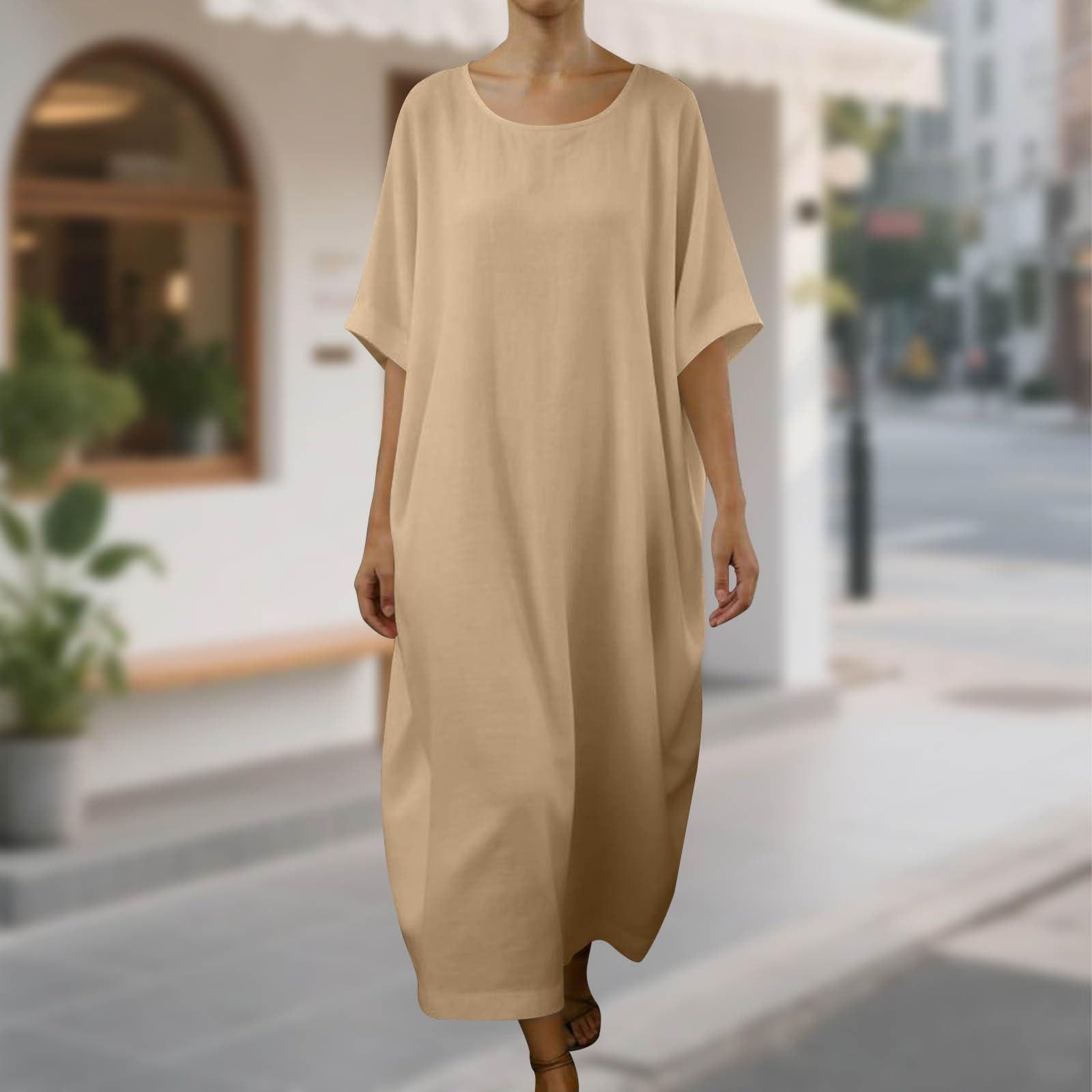 Women  Vacation Trendy Short Sleeve Cotton Linen Dress S