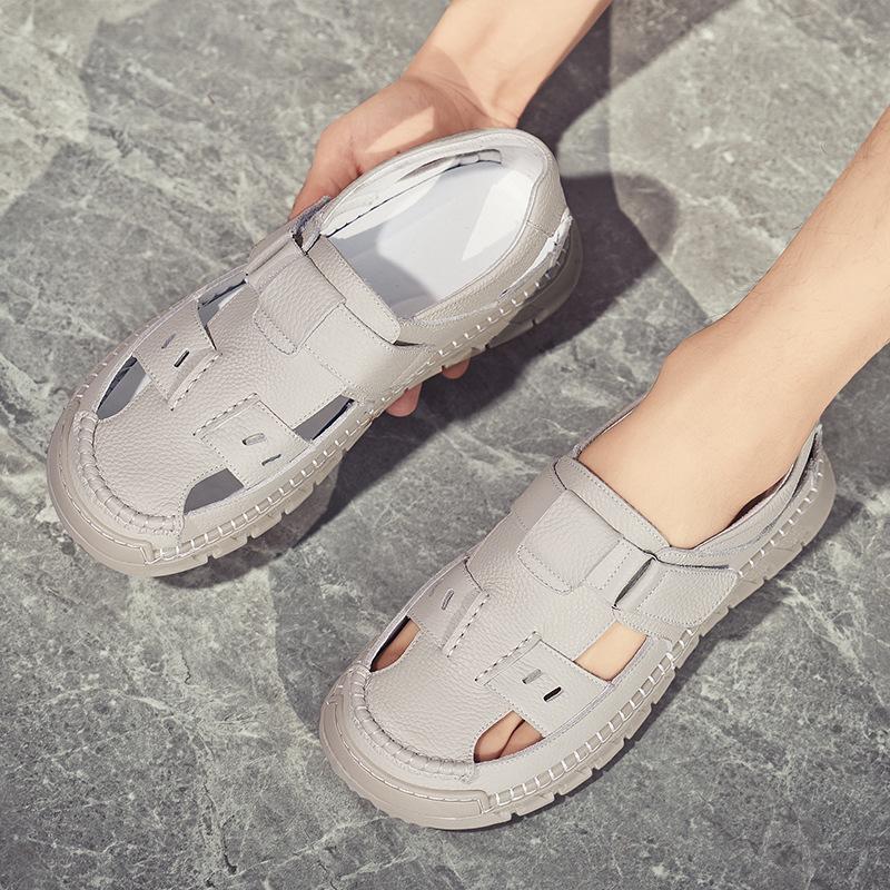 Men's shoes 2025 summer new men's hollow breathable deodorant feet leather Velcro outdoor casual bag head sandals