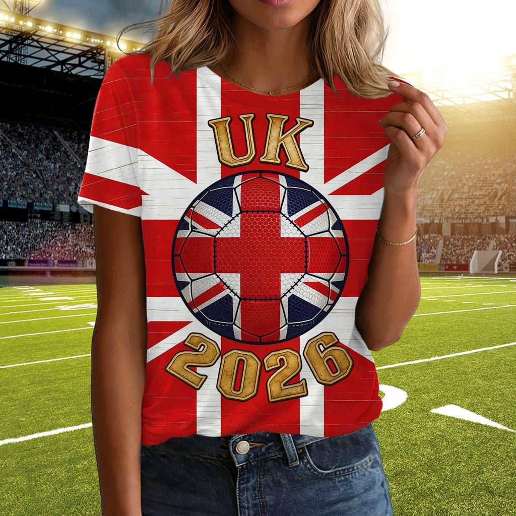 Ladies Casual Pullover T Shirt Short Sleeve Crew Neck Top with Letter Print for Football Support England 2026