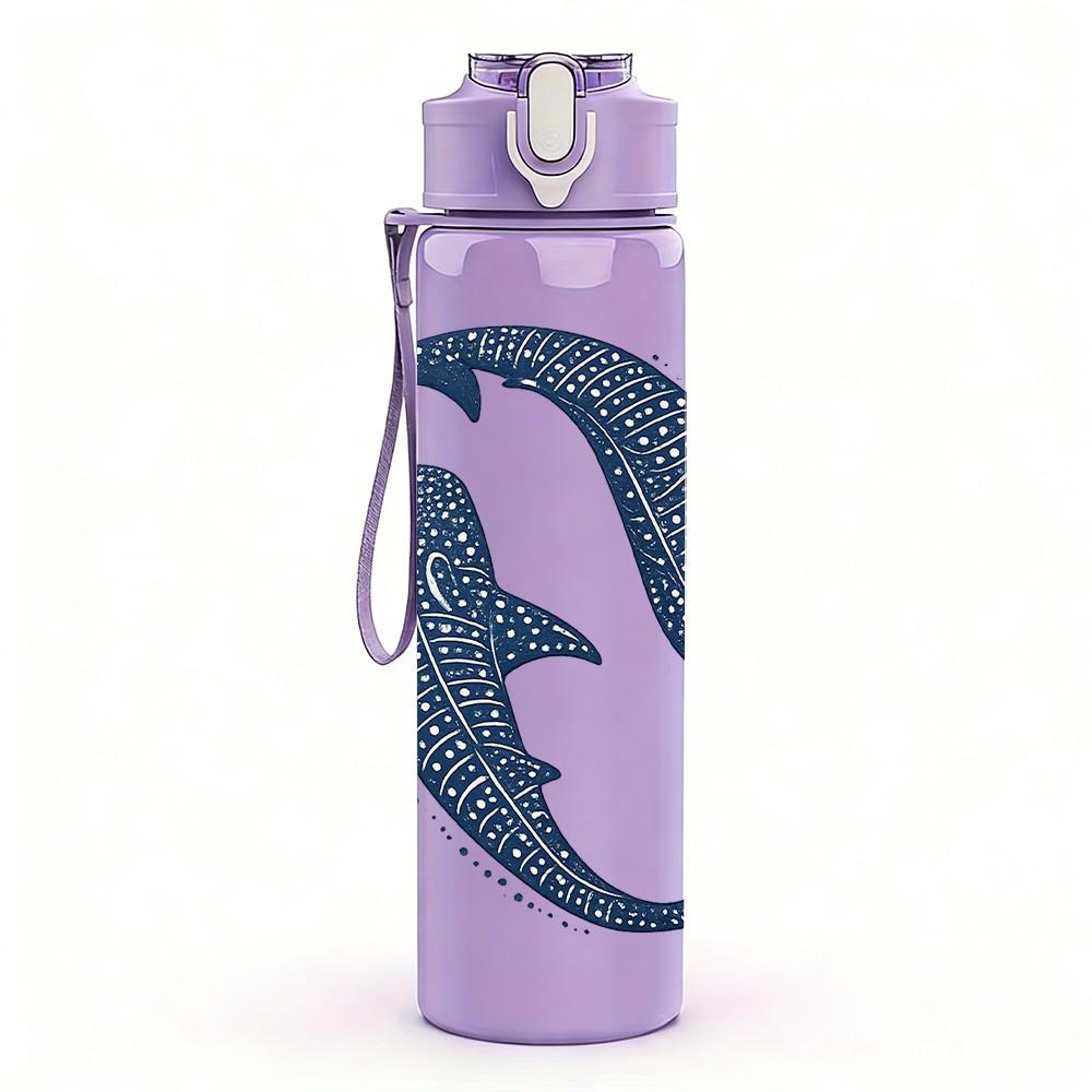 1PC Two Shark Ocean Animal Print 750ml Color Plastic Sports Water Bottle Leakproof Flip Straw Lid Suitable for Sports Office Home Use