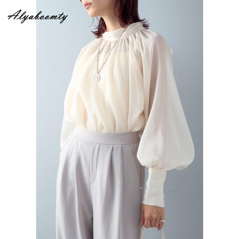 Korean Fashion Spring Autumn Women Stylish Blouse Bow Collar Apricot Black Lantern Sleeve Office Lady Shirt Elegant Ladies' Feminine Shirt