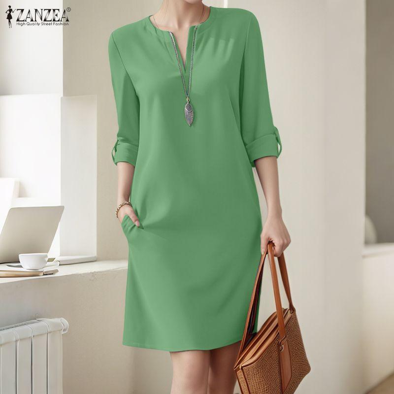 ZANZEA Women Casual V-Neck Summer 3/4 Sleeve Plain Dress