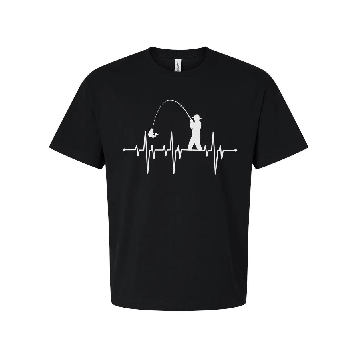 Unisex Fishing Heartbeat T Shirt With Angler Silhouette Casting On Lifeline Grap 3XL
