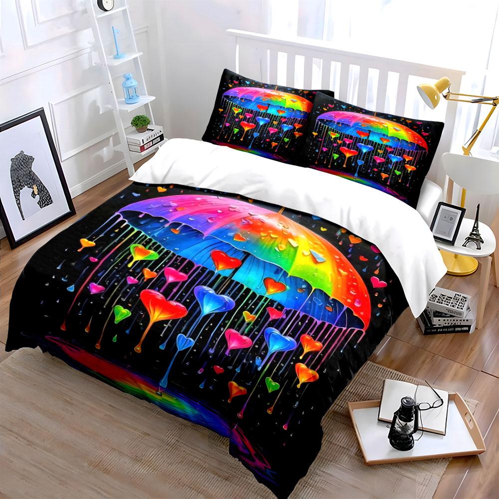 Colorful umbrella, dripping hearts. Bedding sets Duvet cover sets Duvet covers Pillowcases(1*Duvet Cover 2*Pillowcases without duvet insert)