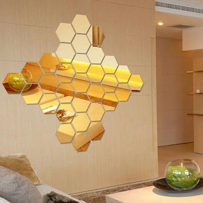 6/12PCS Acrylic Wall Mirror Hexagon Self Adhesive Stickers In 4 Colors Mosaic Tile Decals for Decoration DIY Art Ornaments Gift