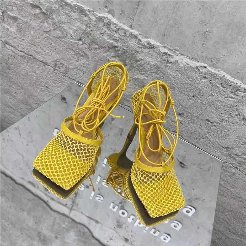 Summer Women Sandals High Heel Lace Up -tied Stiletto Hollow Dress Shoes New Sexy Yellow Mesh Pumps Sandals Female Square Toe