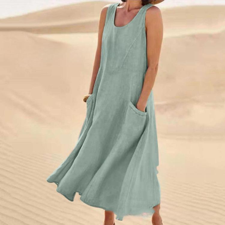 Ladies Summer Cotton Linen Dress European American Style Round Neck Sleeveless Pocket