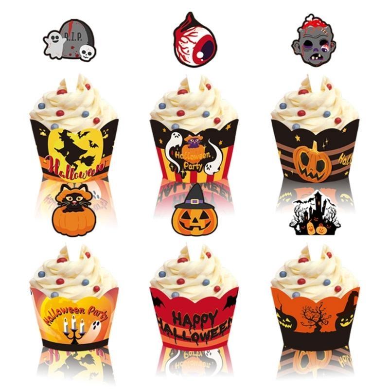 652F Halloween Theme Small Cupcake Toppers Cupcake Wraps Party Decorations Mini Pumpkins Skull Bat Cupcake Decoration