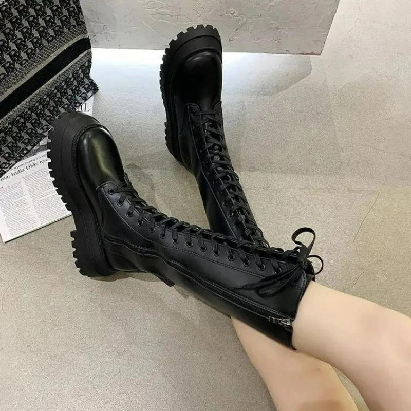 Women Motorcycle Boots PU Leather Boots Wedges Flat Shoes High Heel Zipper Black Long Boot Platform Lace Up Women's Boots 2026