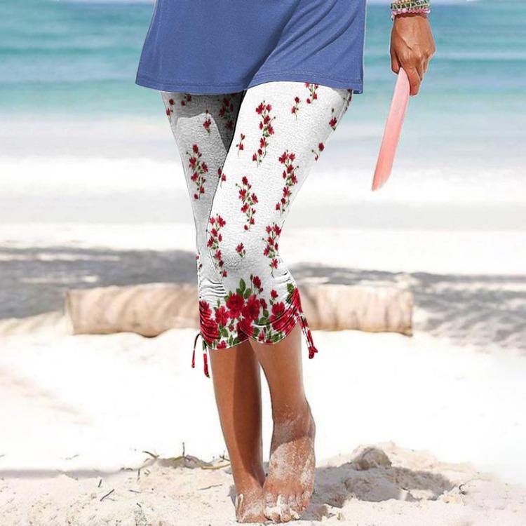 Women Casual Summer Cropped Trousers Elastic Waist Skinny Leggings Printed Cycling Shorts Vacation Pants