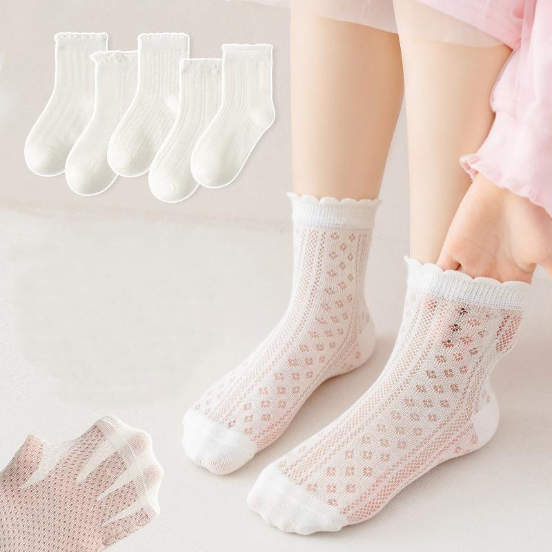 5 Pairs Girls Summer Mesh Lace Socks Thin Breathable Sweet Princess Fashion Children Socks For Age 2-12 Years Old