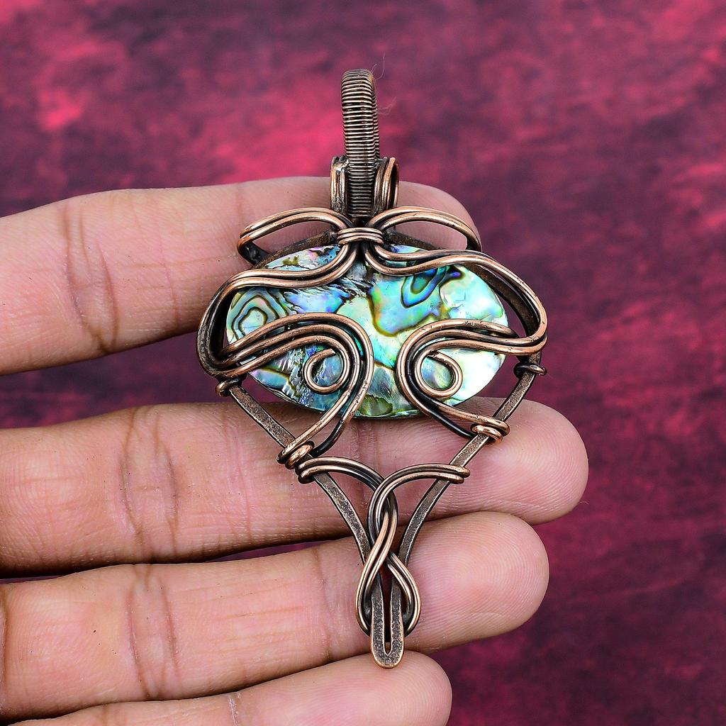 Abalone Shell Gemstone Pendant Copper Wire Wrapped Handmade Jewelry