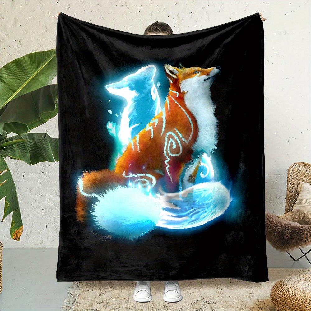 Cozy Reversible Fox & Wolf-like Kitsune/-like Flannel Throw Blanket  All-Season Soft Bedspread with Glowing-like 130x150cm51x59in
