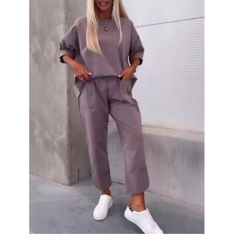 

Women s Autumn Loose-fitting Casual Two-piece Set Plain Round-neck Sweatshirt + Cropped Pants XS фіолетовий