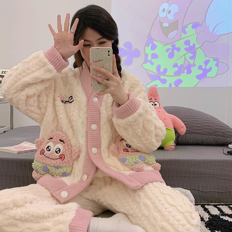 

Женский комплект кимоно-кардигана из кораллового флиса для пижамы - Утолщенный жаккардовый бархат для осени и зимы Large