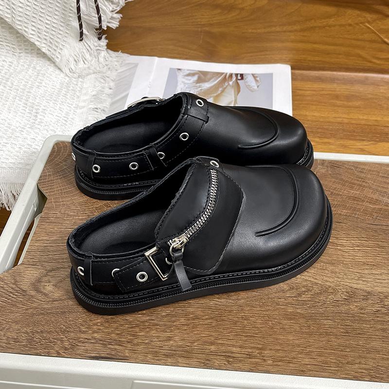 

Fashion Flat Slippers Summer New Round Head Deep Mouth Rivets Metal Zipper Soft Sole Anti-slip Wear-resistant Low Heel Shoes 41 чёрный