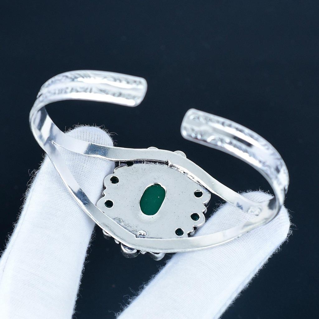 Green Onyx Gemstone Handmade Cuff Bangle 925 Sterling Silver Cuff Bangle, indicolite Flower Shape Bracelet For Wife, Unisex Bangle, Wife Gift