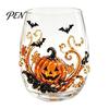 Clear Glassware for Kitchen Halloween Artisan Glassware, Stemless Drinking Glasses with Raised Pumpkin Ghost Black Cat Web School Water Drinkware