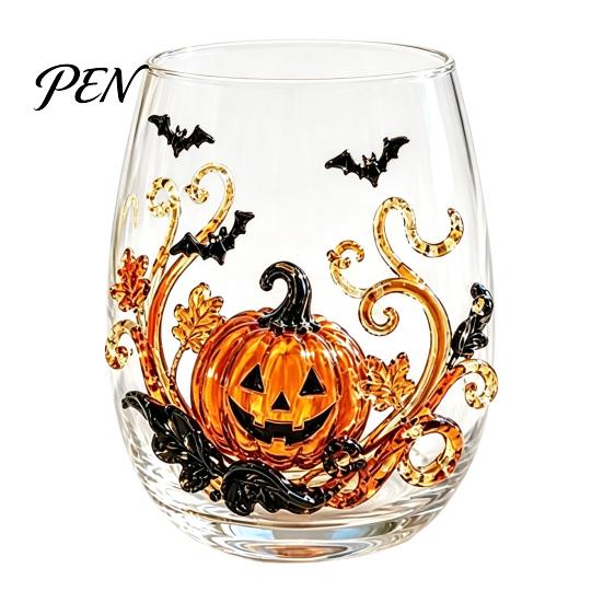 Clear Glassware for Kitchen Halloween Artisan Glassware, Stemless Drinking Glasses with Raised Pumpkin Ghost Black Cat Web School Water Drinkware