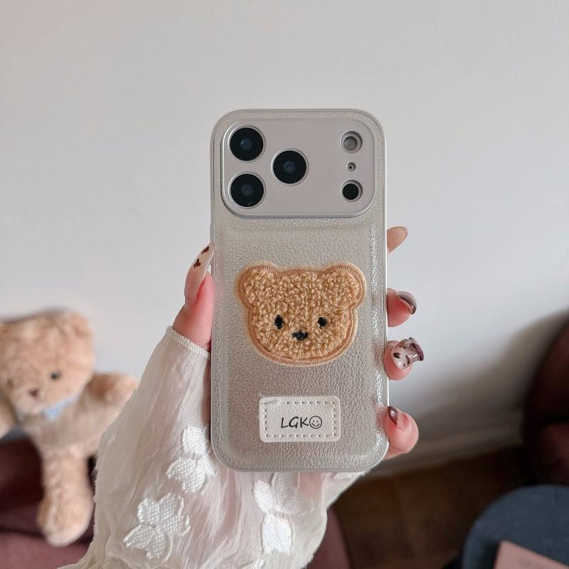 New Plain Leather Plush Teddy Bear Suitable IPhone 17 Promax Phone Case Apple 16 Anti Drop Protective