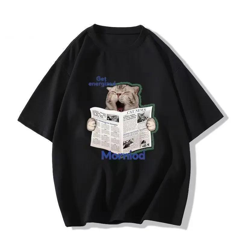 

Two-tone Short-sleeved T-shirt with Energetic Morning Cat Print Graphic Aesthetic Clothes Summer Streetwear Women Clothing S