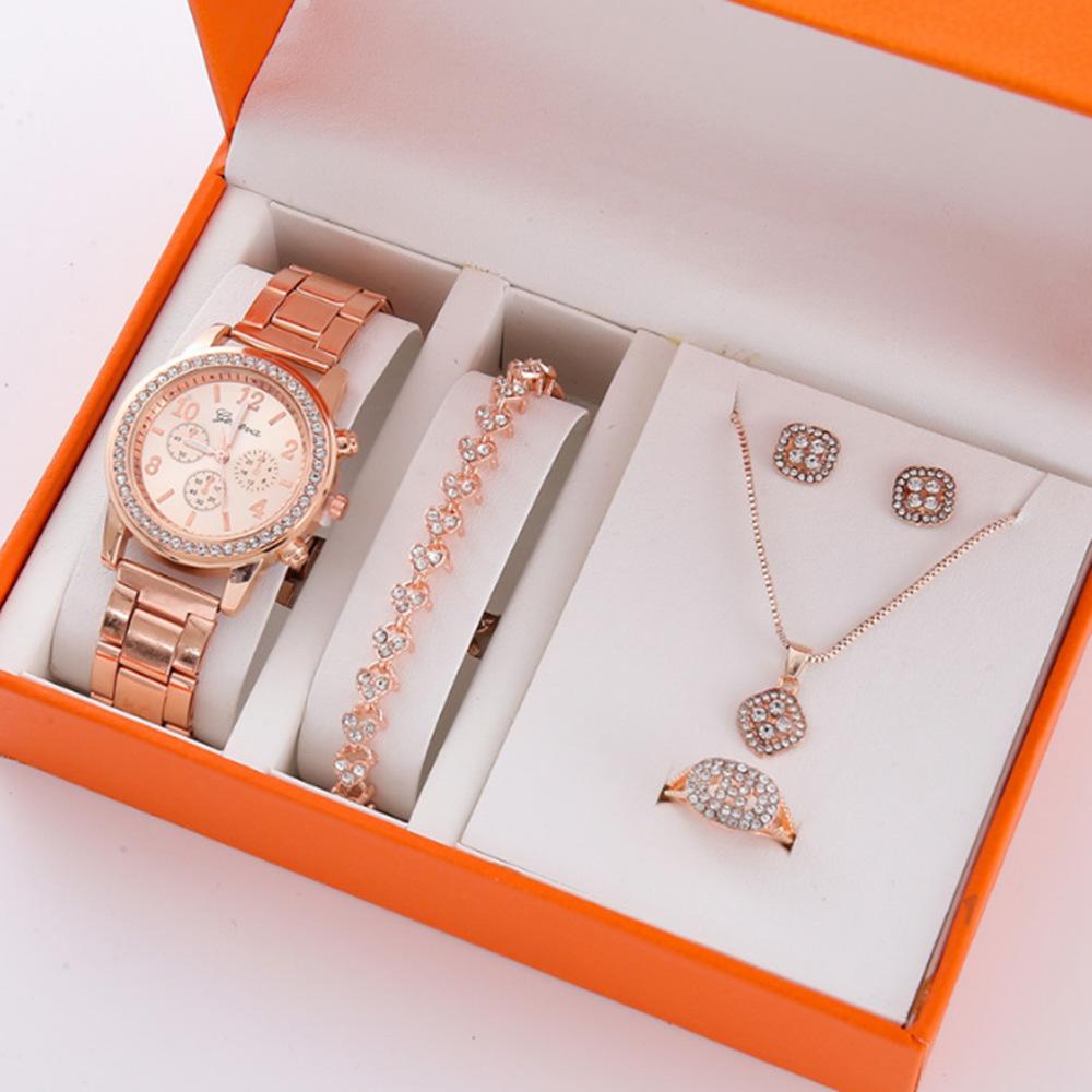 Popular Five-Piece Women'S Watch Three-Eye Set Quartz Diamond-Encrusted Watch Gift Bracelet Watch