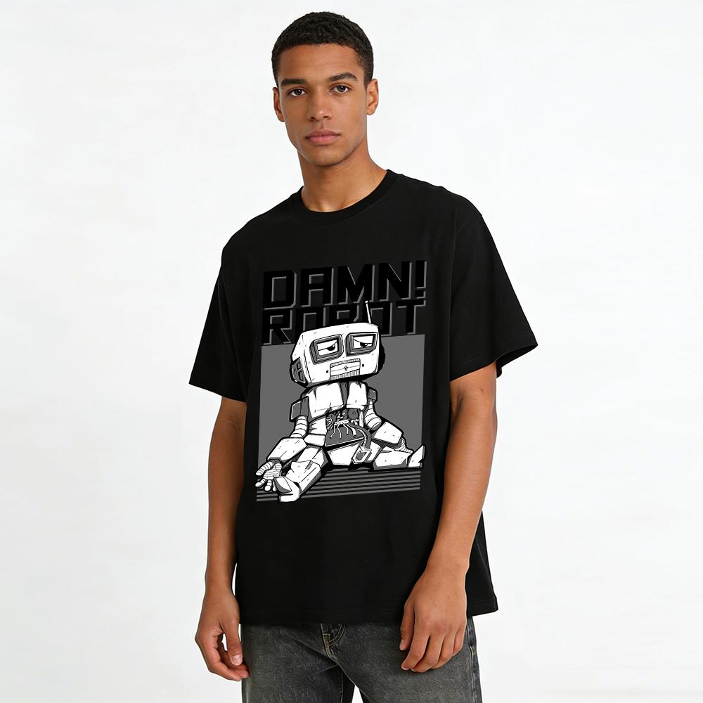 Funny Malfunctioning Robot Print Casual Short Sleeve T-Shirt Pure cotton T-shirt