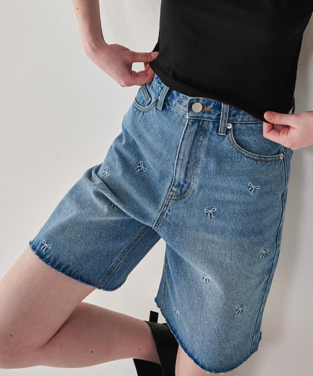 Short en Jean Imprimé Ruban RONRON Bleu Clair