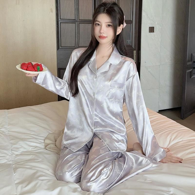 Dream Purple Butterfly Full Of Ice Silk Pajamas Women'S Long Sleeves Can Be Worn Outside Loungewear Two-Piece Set