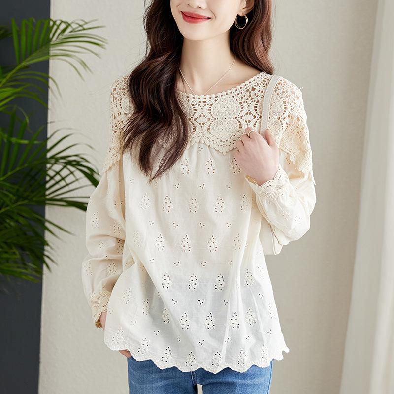 Apricot Lace Hollow Shirt for Women Long-sleeved Spring Clothes New Design Niche Top Chic Cotton Shirt