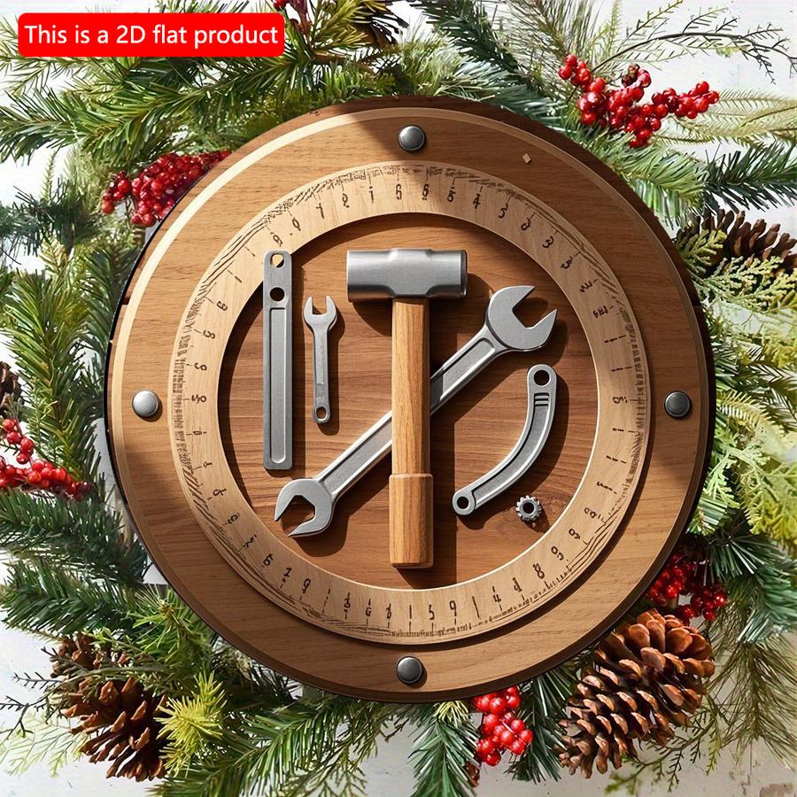 2D Flat 20cm 1pc Dad Father's Day Hammer Wrench Ruler Elements Round Wooden Wall Hanging Decor Present, A Surprising and Retro Wooden Pendant Gift