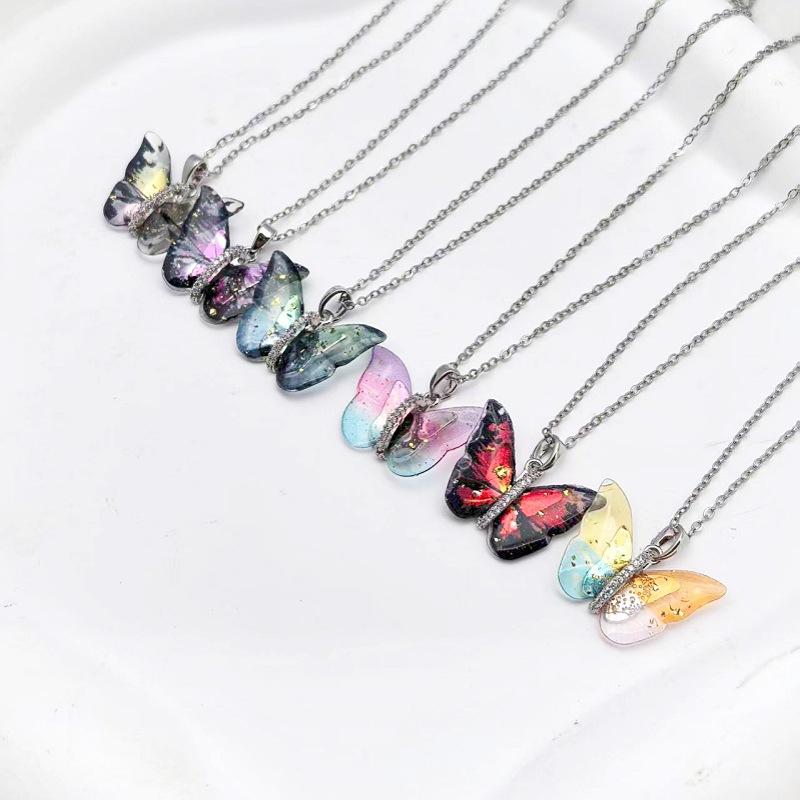 1 Pcs Fashion Fairy Color Butterfly Copper Pendant Necklace Women's Collarbone Chain Girls' Elegant Minimalist Accessories