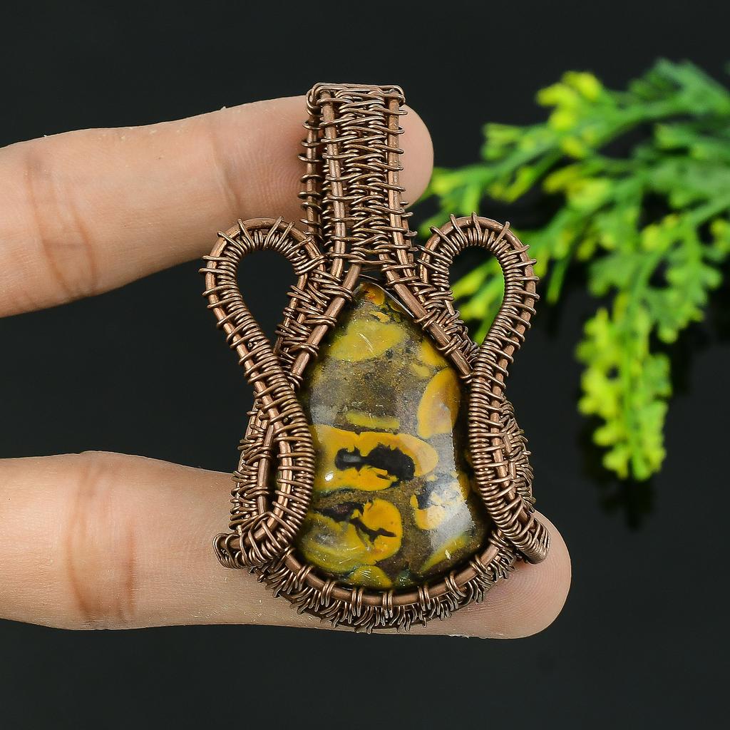 Natural Bamboo Jasper Gemstone Handmade Copper Wire Wrap Pendant 2.25 Z0g81