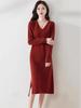 2025 Herbst/Winter Damen Woll V-Ausschnitt Knielanges Pulloverkleid mit Schlitz