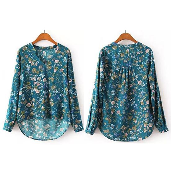 Women Casual Long Sleeve V-neck Floral Print Shirt Chiffon Blouse Irregular Top