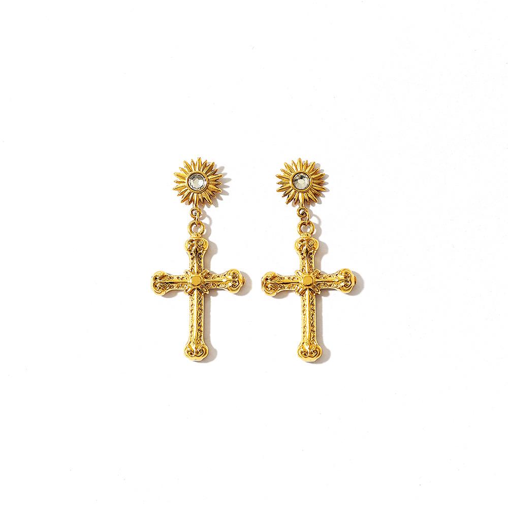 18K Gold-Plated Stainless & Titanium Steel Cross Stud Earrings for Women
