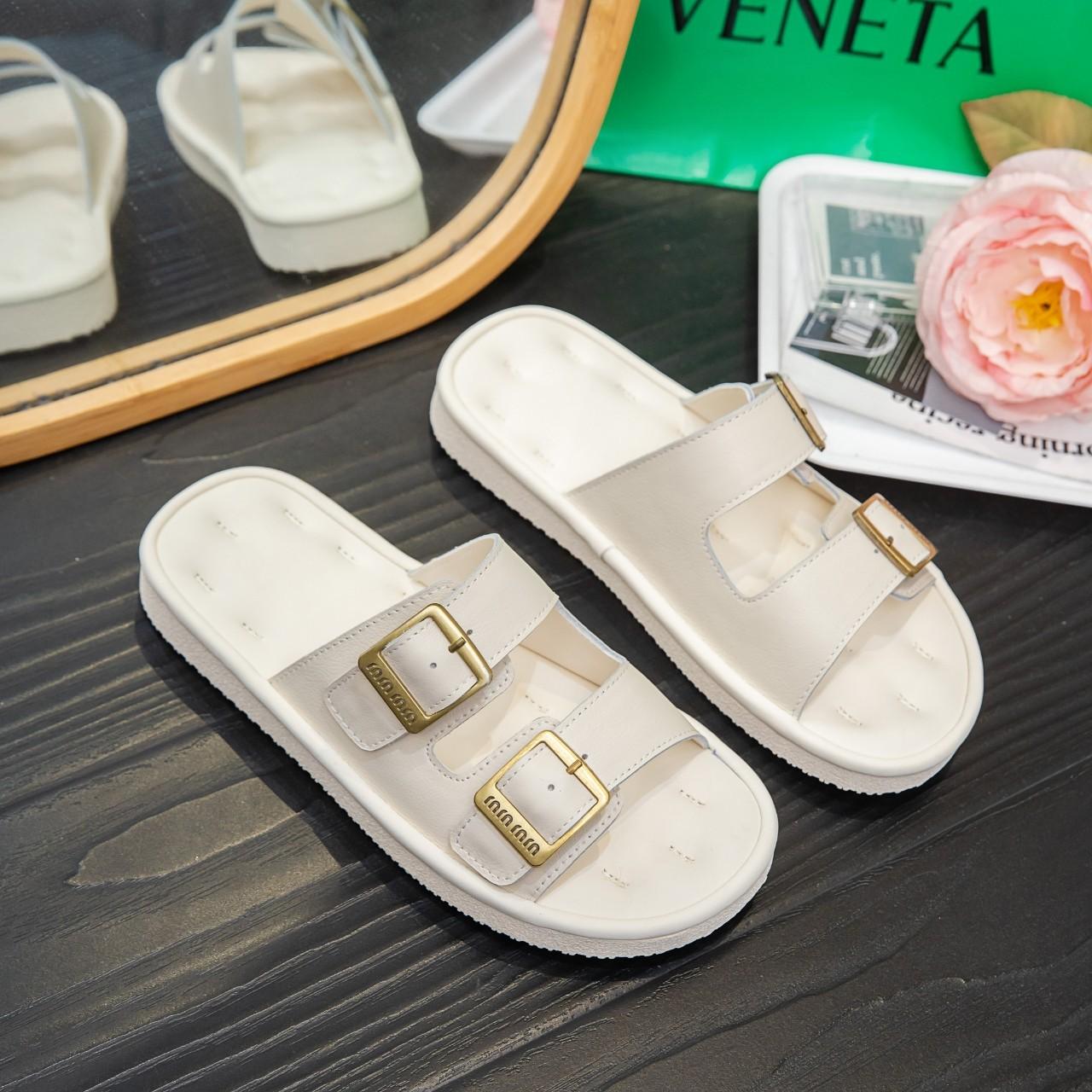 

~ Genuine leather comfortable slippers women s summer wear flat-bottomed seaside beach casual one-word cool slippers 35 бежевый