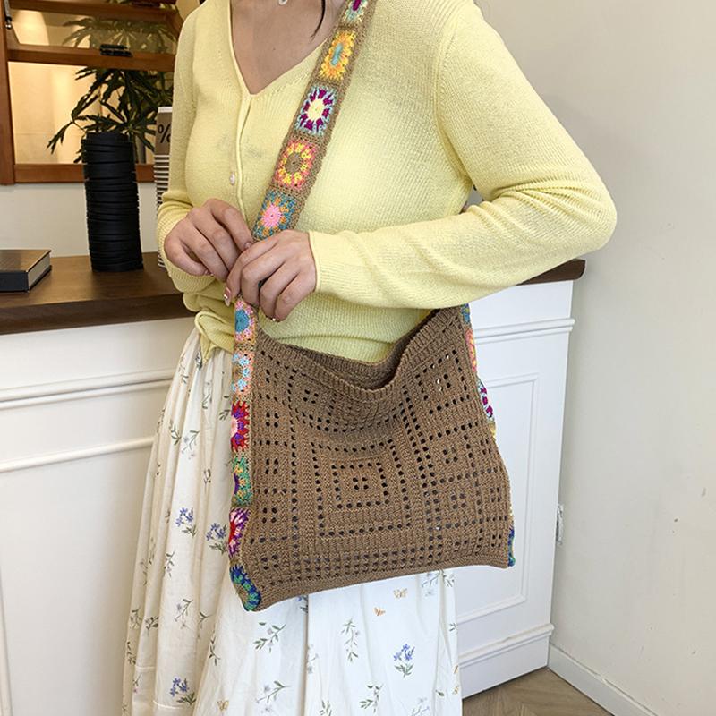 Large Capacity Fashion Cut-out Boho Tote Bag Trendy Floral Crochet Handmade Knitted Bag Vintage Multicolor Hollow Out Handbag