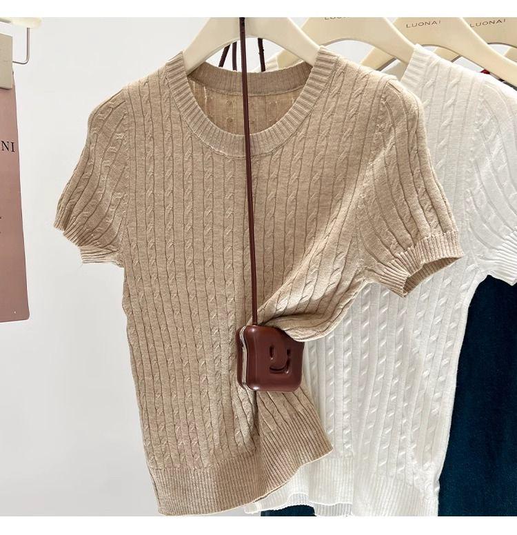 Women's Dark Blue Slim Fit Knit T-Shirt - Short Sleeve, Lightweight Summer Top.