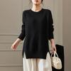 Women's Plus Size Round Neck Sweater - Autumn/Winter Solid Color Knit with Slit Design