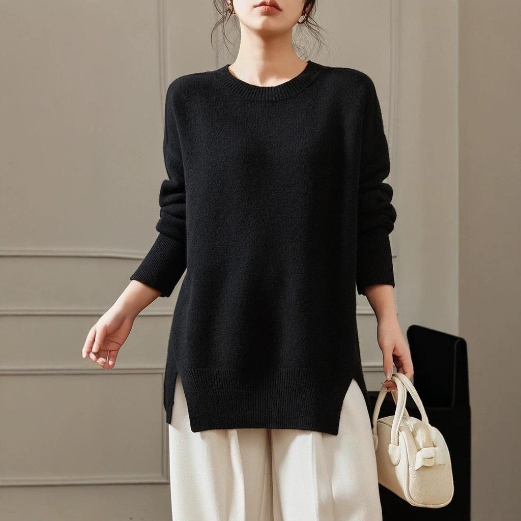 Women's Plus Size Round Neck Sweater - Autumn/Winter Solid Color Knit with Slit Design
