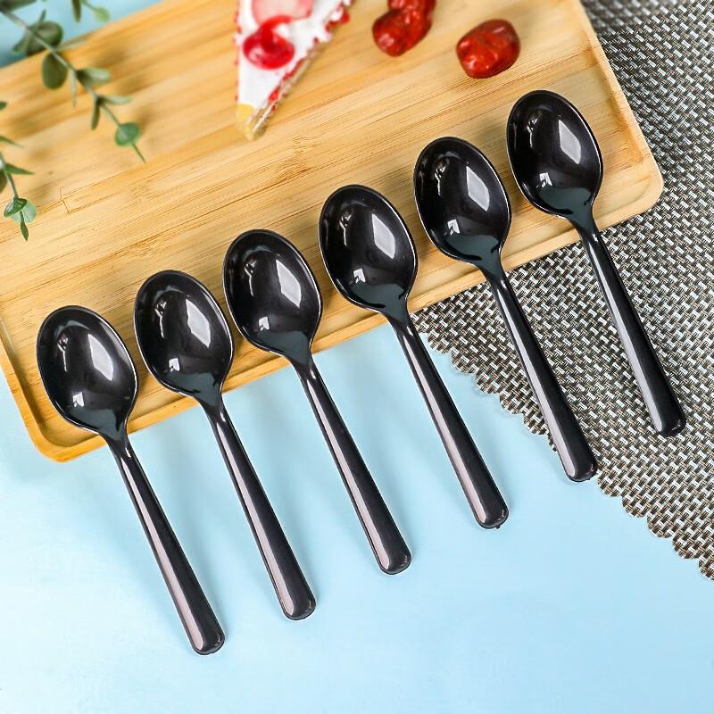 Fangcaodi Disposable Spoons, 80 Pieces, Long-Handled Small Soup Spoons for Fast Food, Desserts And Coffee, Black Color, Individually Wrapped